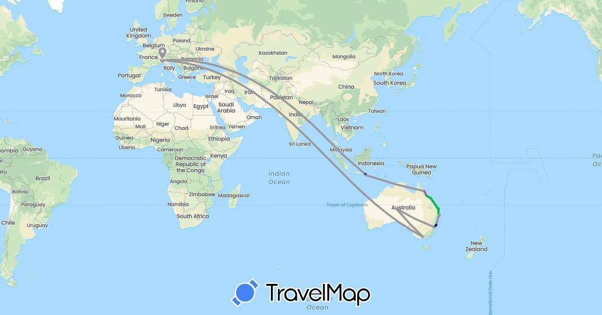 TravelMap itinerary: driving, bus, plane, train, boat in Australia, Indonesia, Italy, Singapore (Asia, Europe, Oceania)